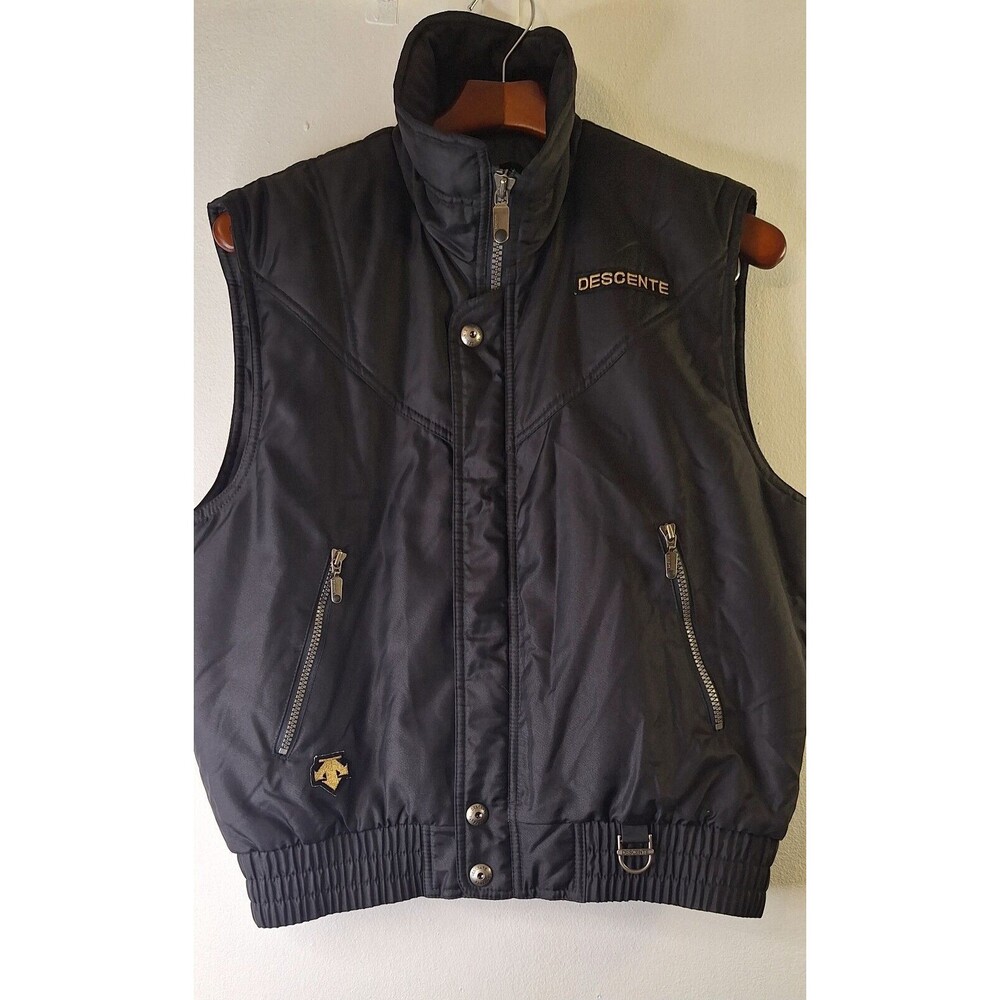 Descente Vintage Ski Vest Mens Small Black Full Zip Collared Zip Pockets Winter